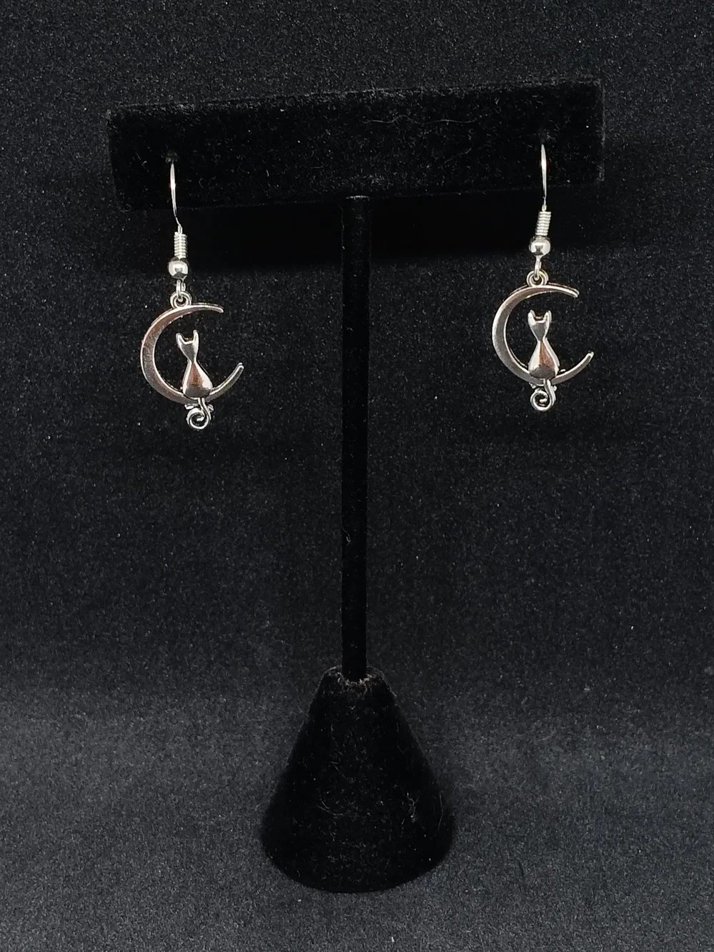 Whimsical Silver Cat & Crescent Moon Dangle Earrings